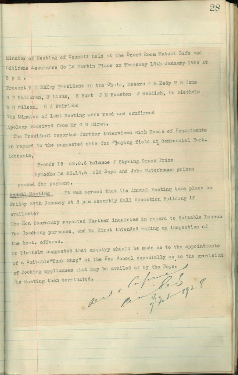 Sydney High School Old Boys Union Minutes 1928