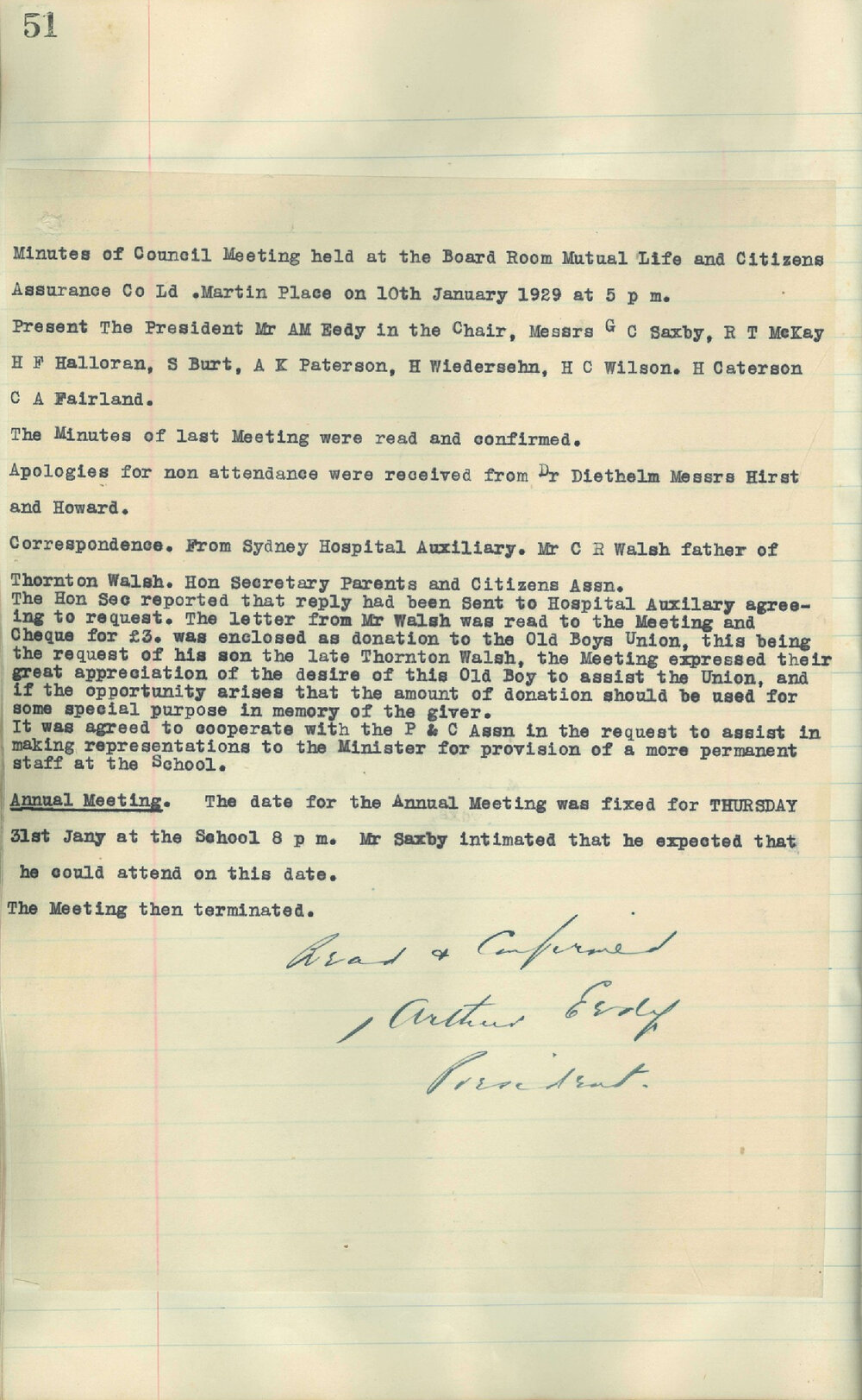 Sydney High School Old Boys Union Minutes 1929
