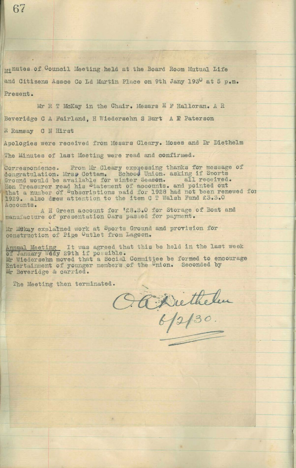 Sydney High School Old Boys Union Minutes 1930