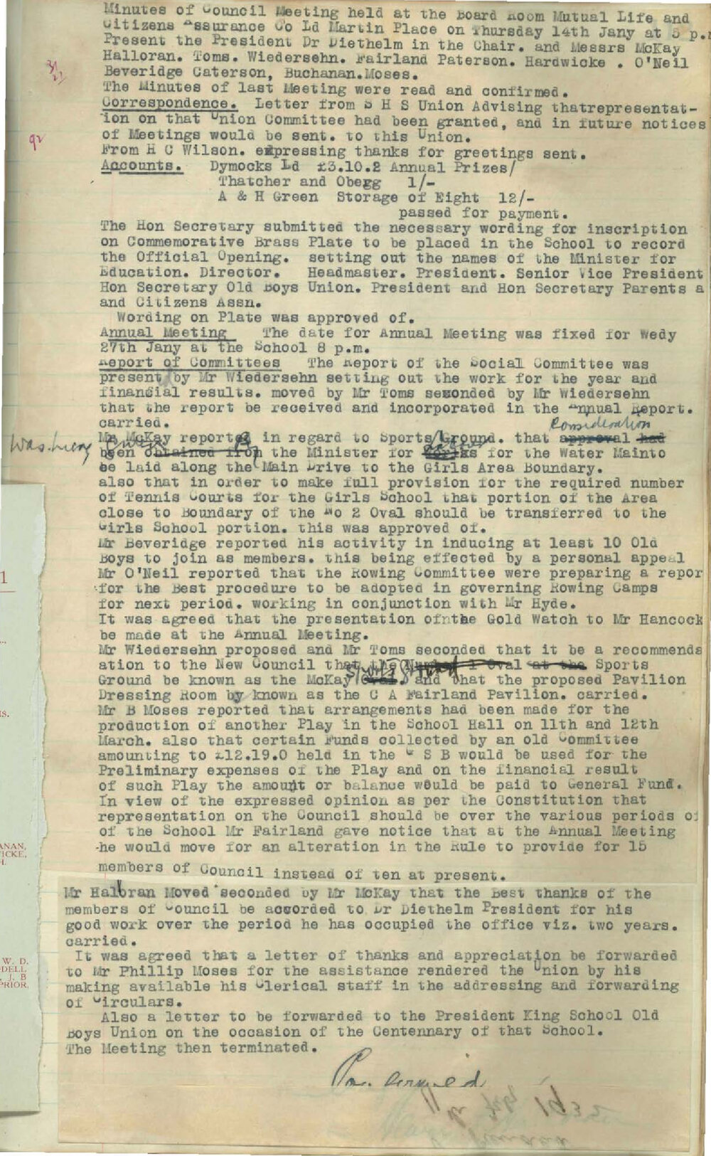 Sydney High School Old Boys Union Minutes 1932