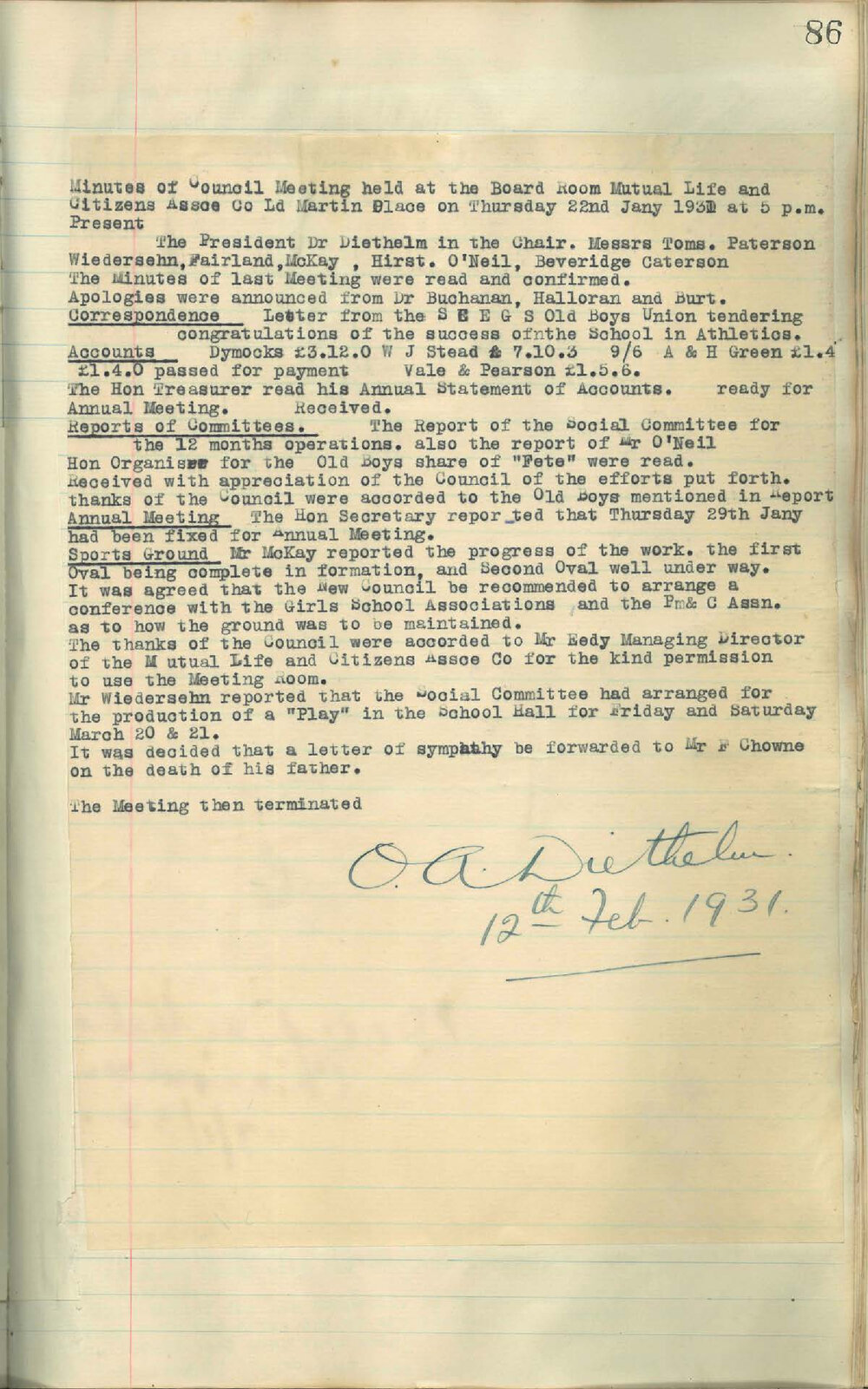 Sydney High School Old Boys Union Minutes 1931
