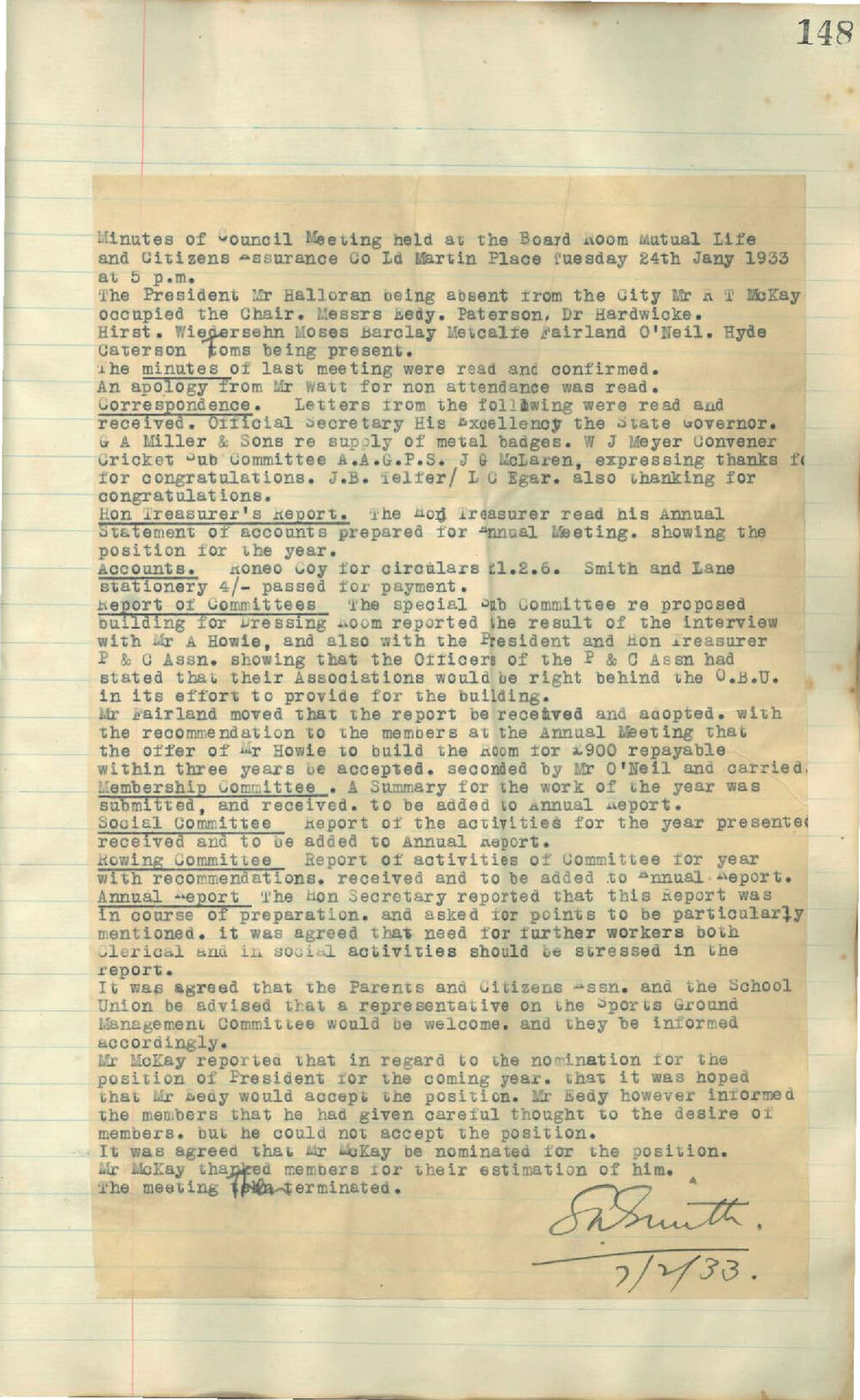 Sydney High School Old Boys Union Minutes 1933