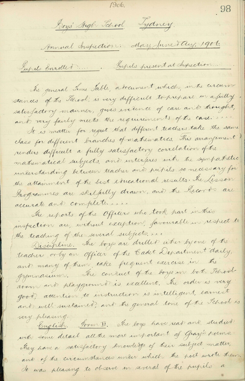 Annual Inspection - May, June and August 1906