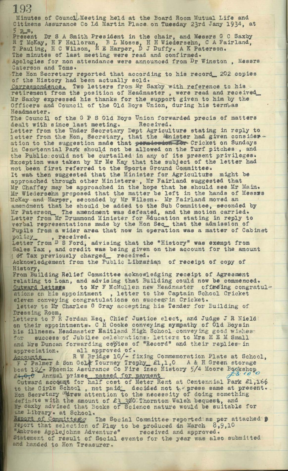 Sydney High School Old Boys Union Minutes 1934