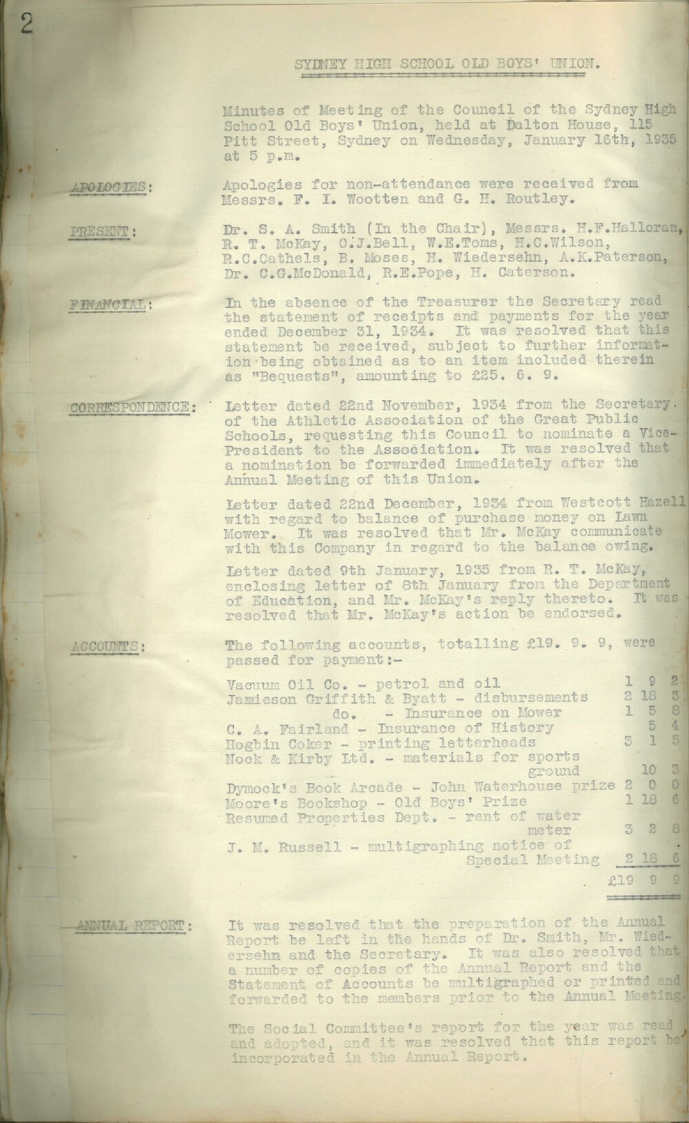 Sydney High School Old Boys Union Minutes 1935
