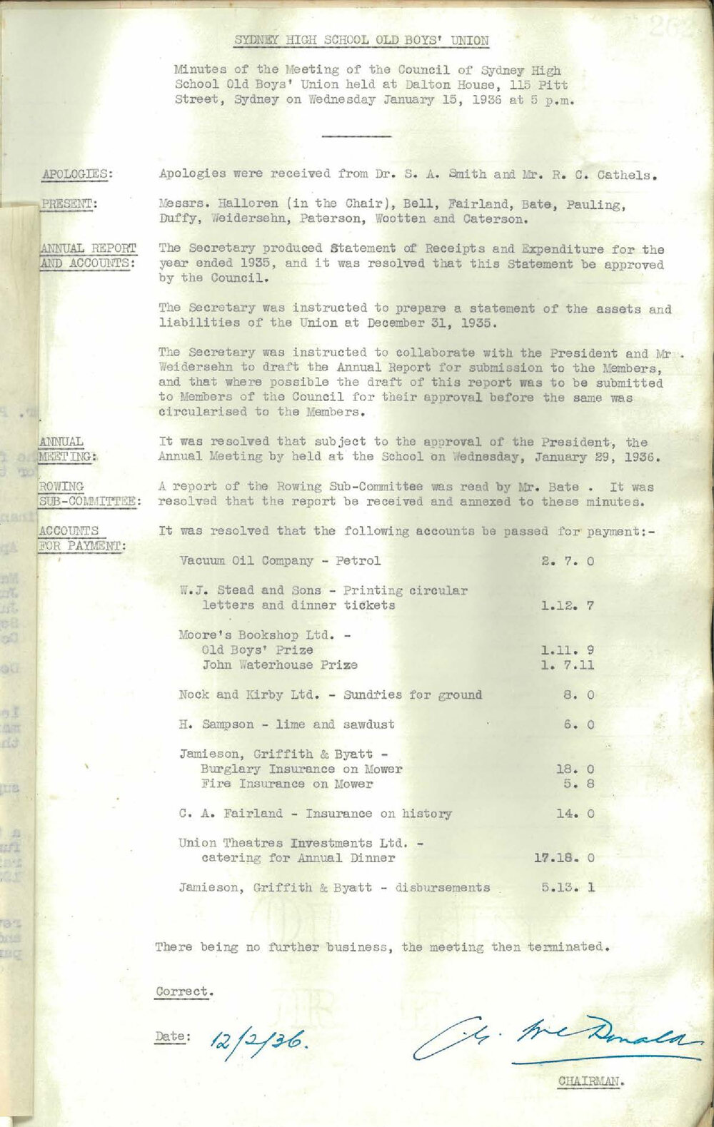 Sydney High School Old Boys Union Minutes 1934