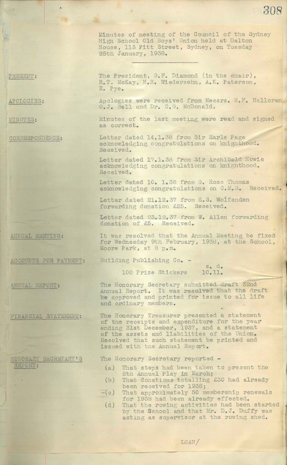 Sydney High School Old Boys Union Minutes 1938