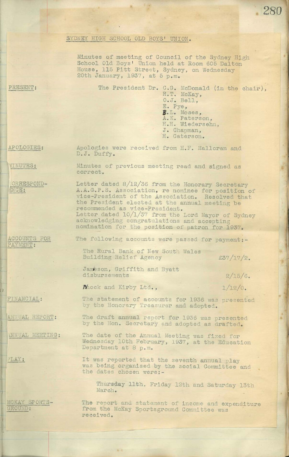 Sydney High School Old Boys Union Minutes 1937