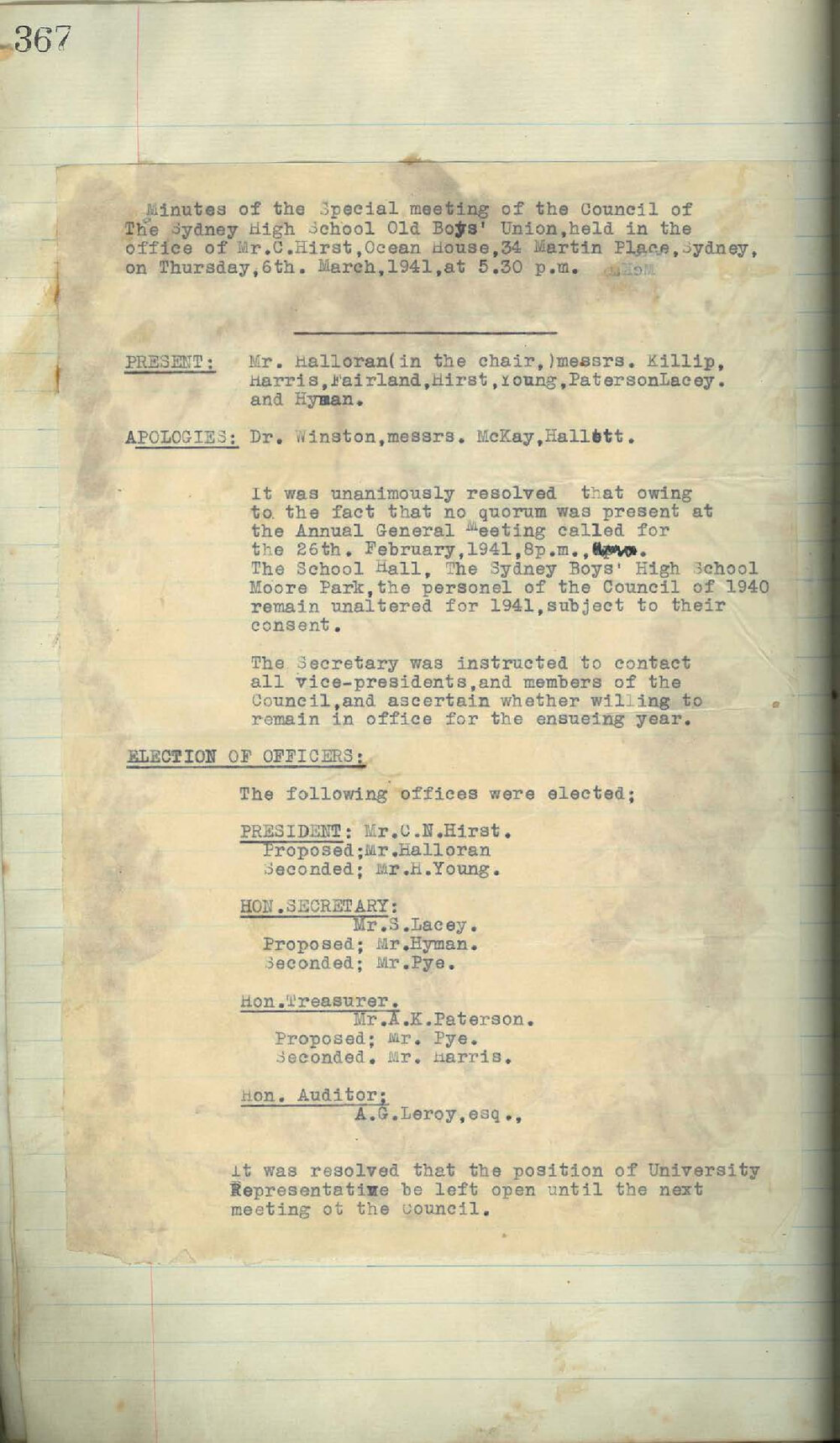 Sydney High School Old Boys Union Minutes 1941