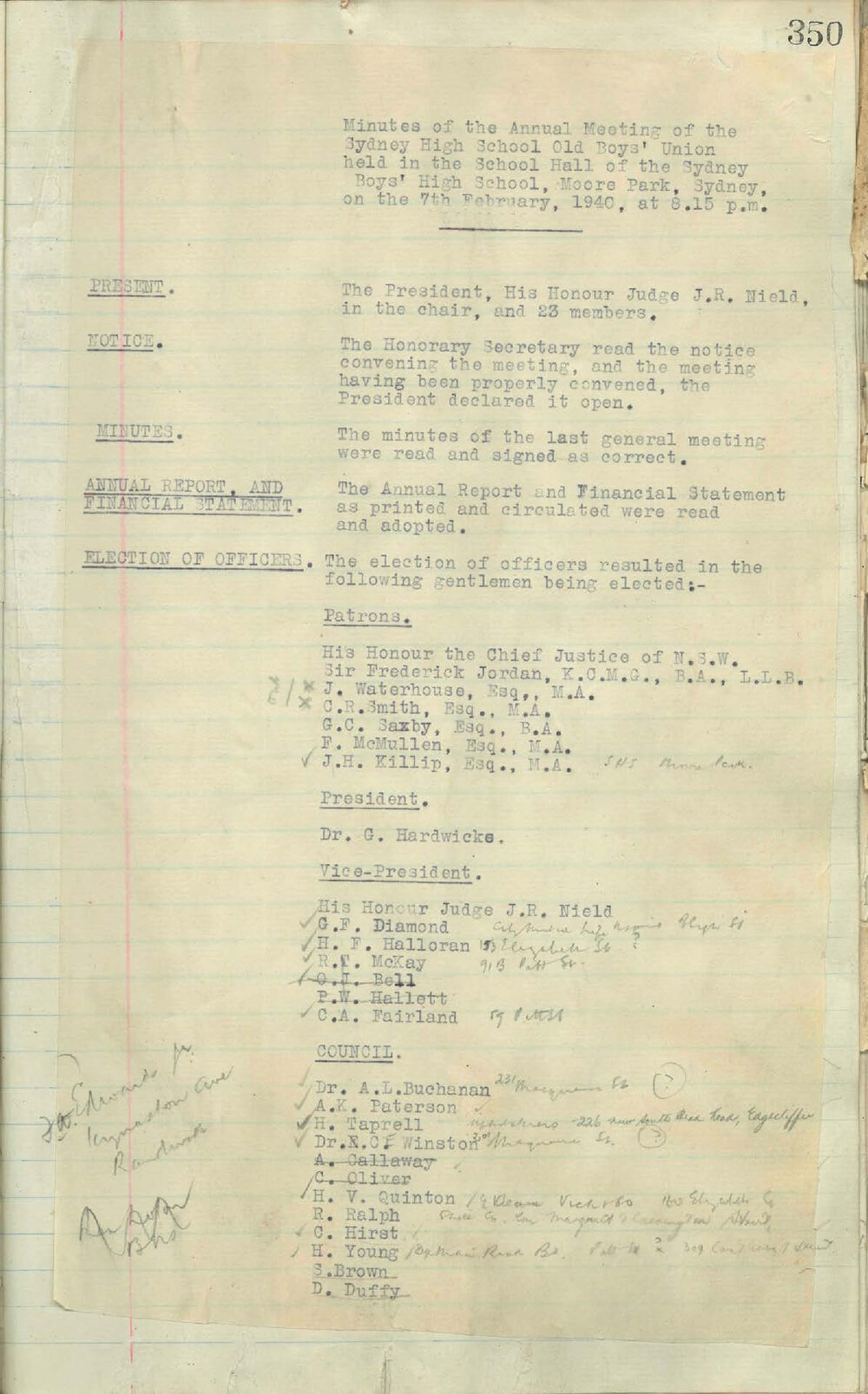 Sydney High School Old Boys Union Minutes 1940