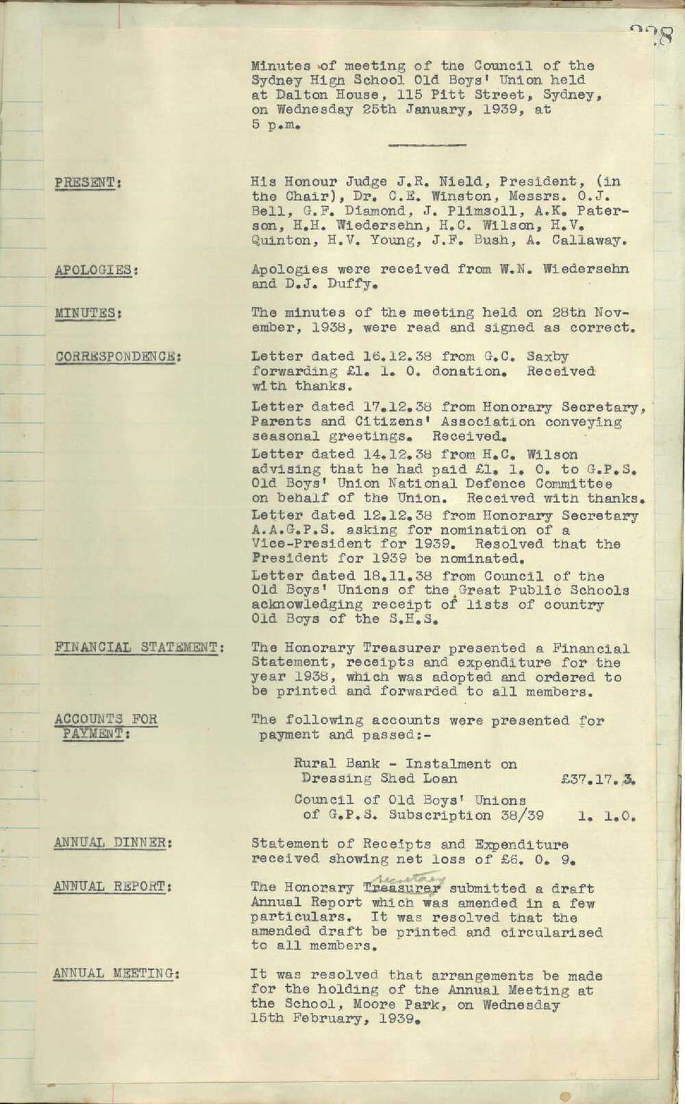 Sydney High School Old Boys Union Minutes 1939