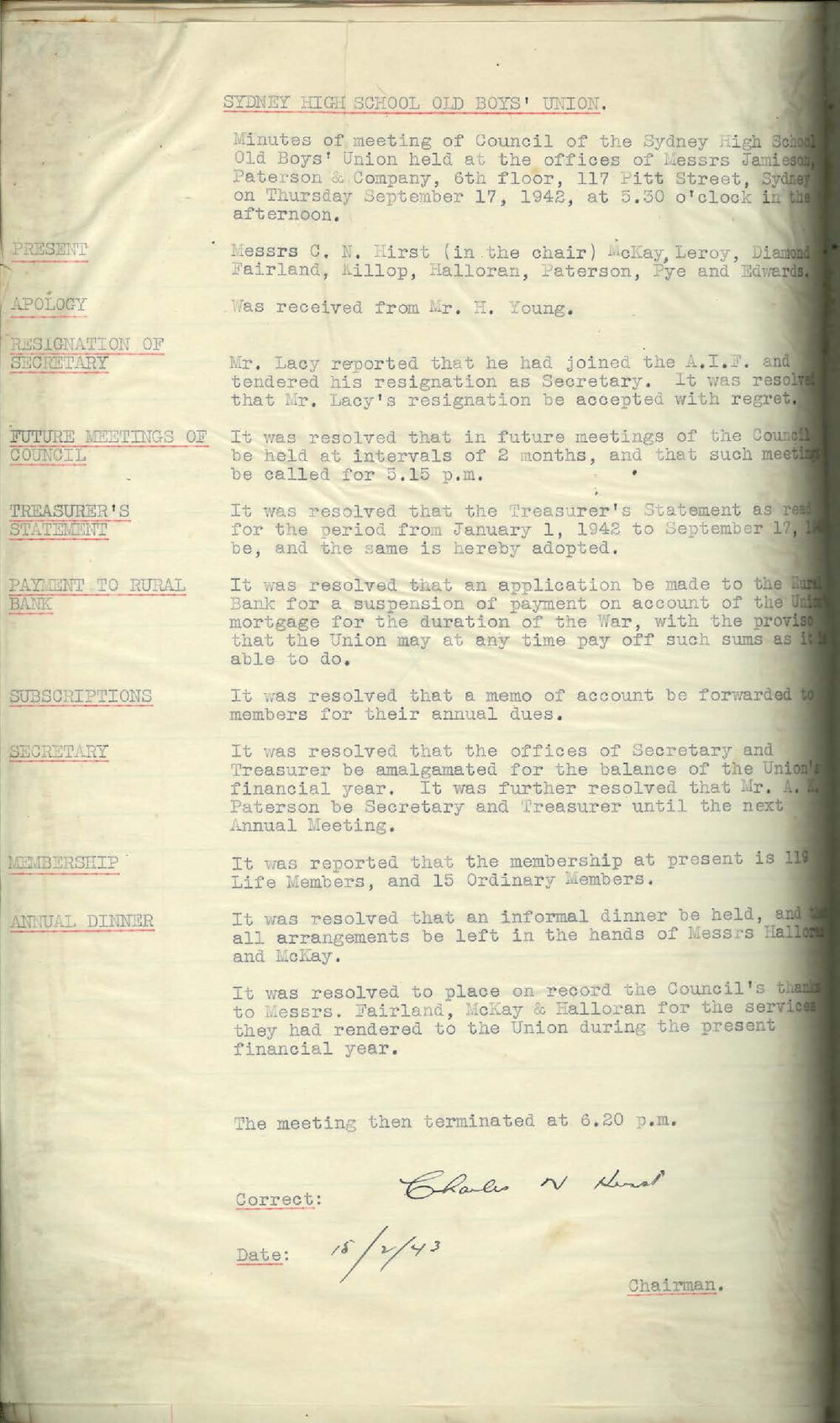 Sydney High School Old Boys Union Minutes 1942