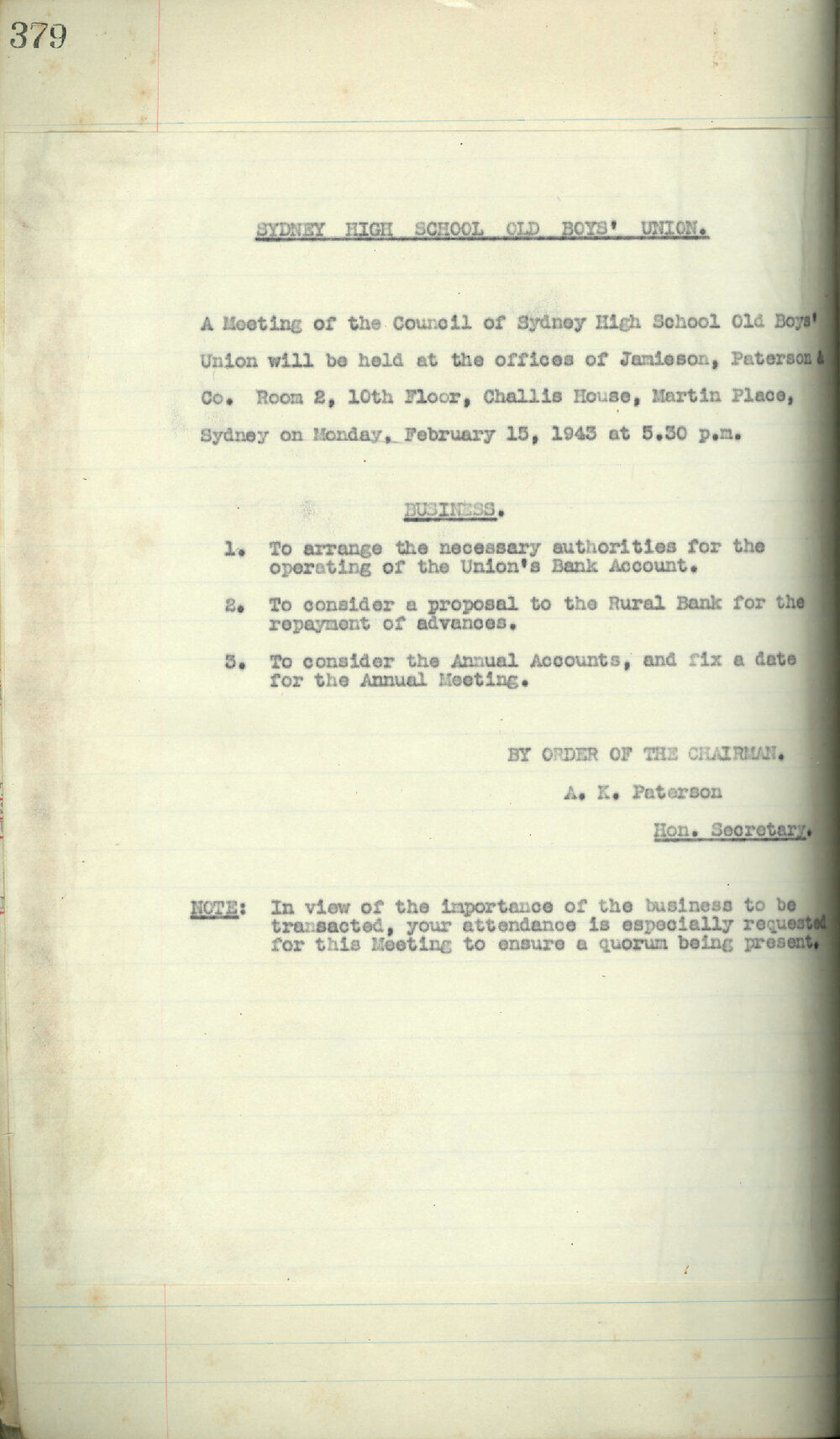 Sydney High School Old Boys Union Minutes 1943