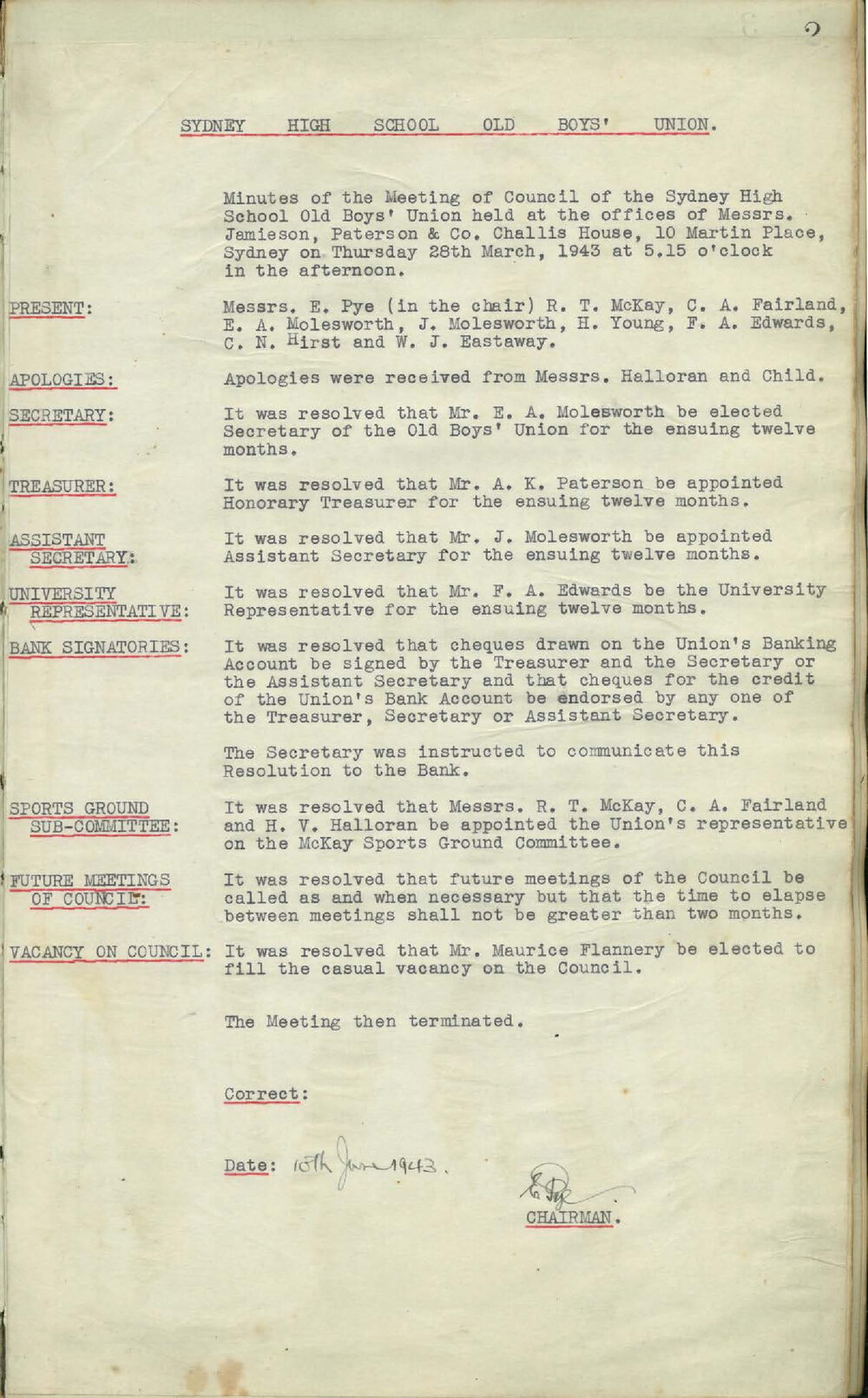 Sydney High School Old Boys Union Minutes 1944