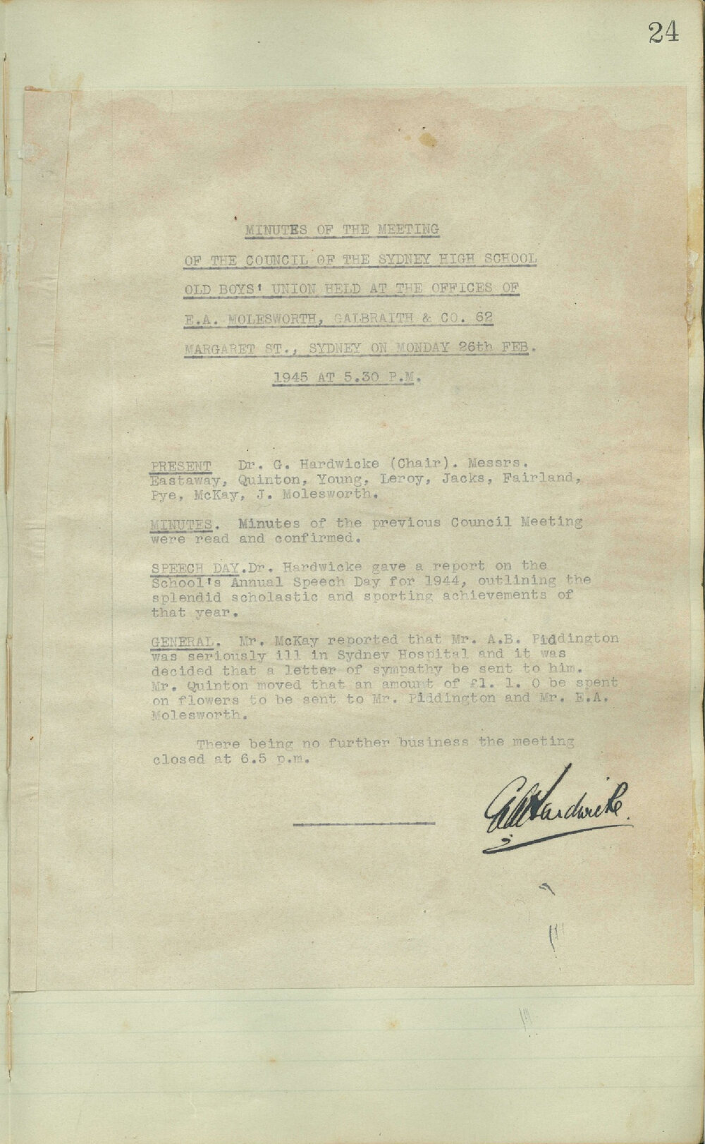 Sydney High School Old Boys Union Minutes 1945