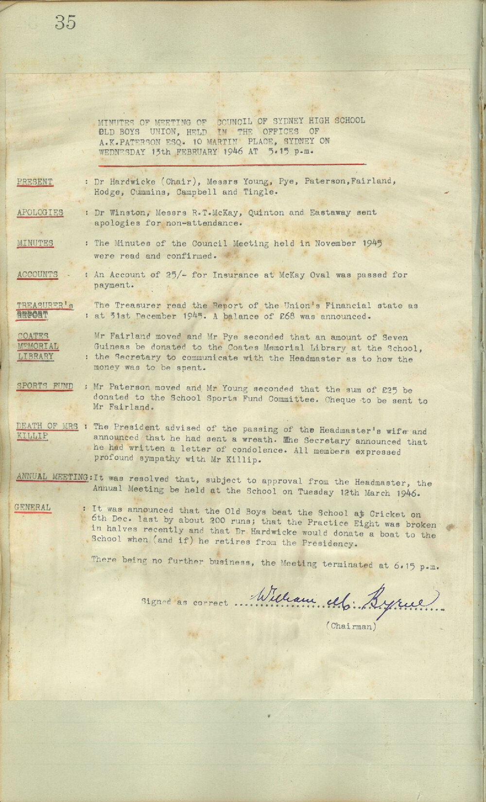 Sydney High School Old Boys Union 1946