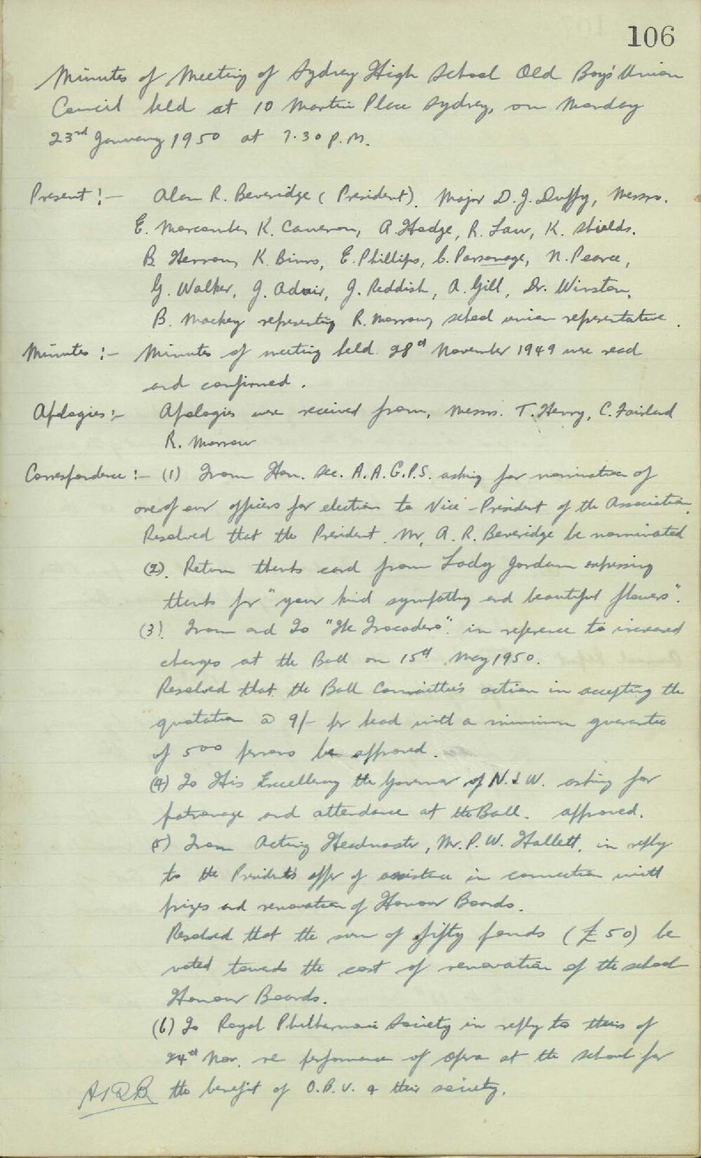 Sydney High School Old Boys Union Minutes 1950