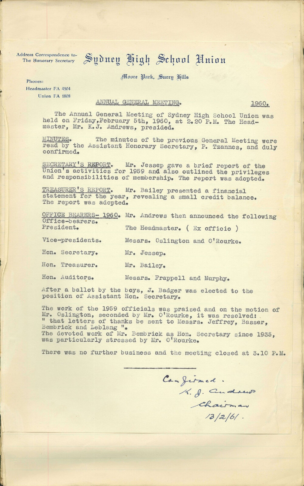 School Union Minutes, 1960