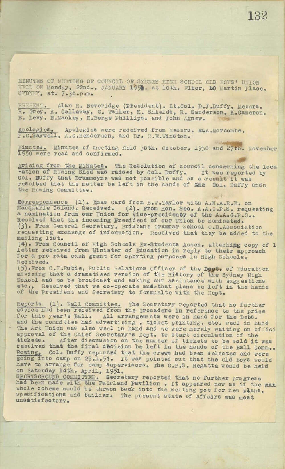 Sydney High School Old Boys Union Minutes 1951