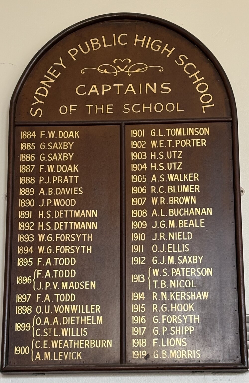 Honour Board: Captains of the School 1884-1919
