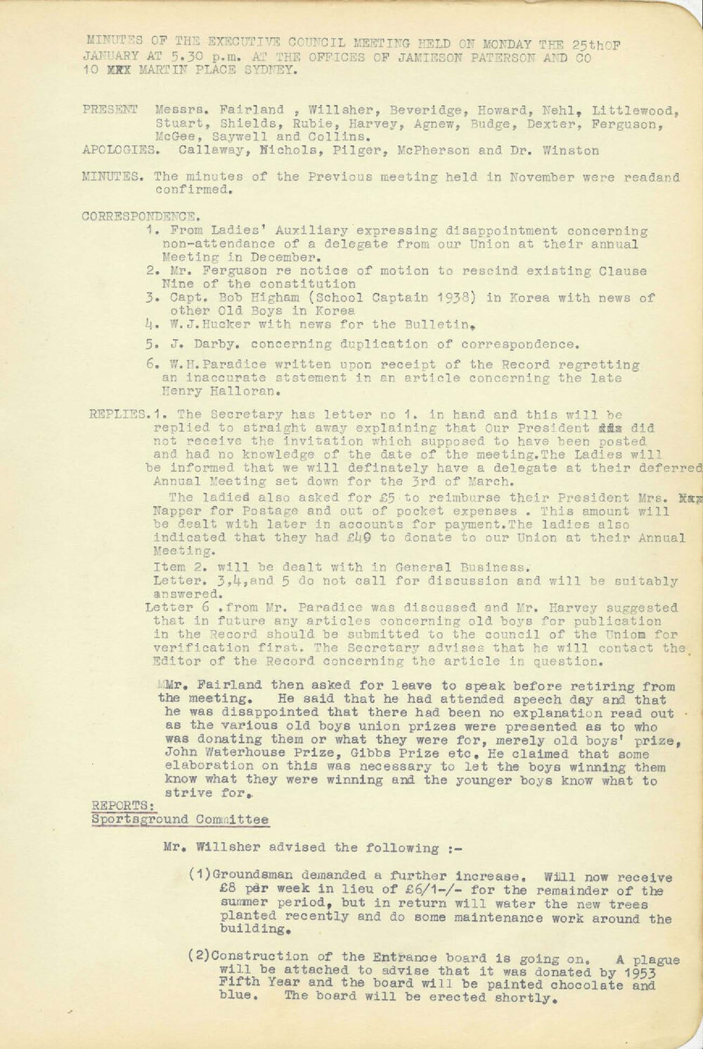 Sydney High School Old Boys Union Minutes 1954