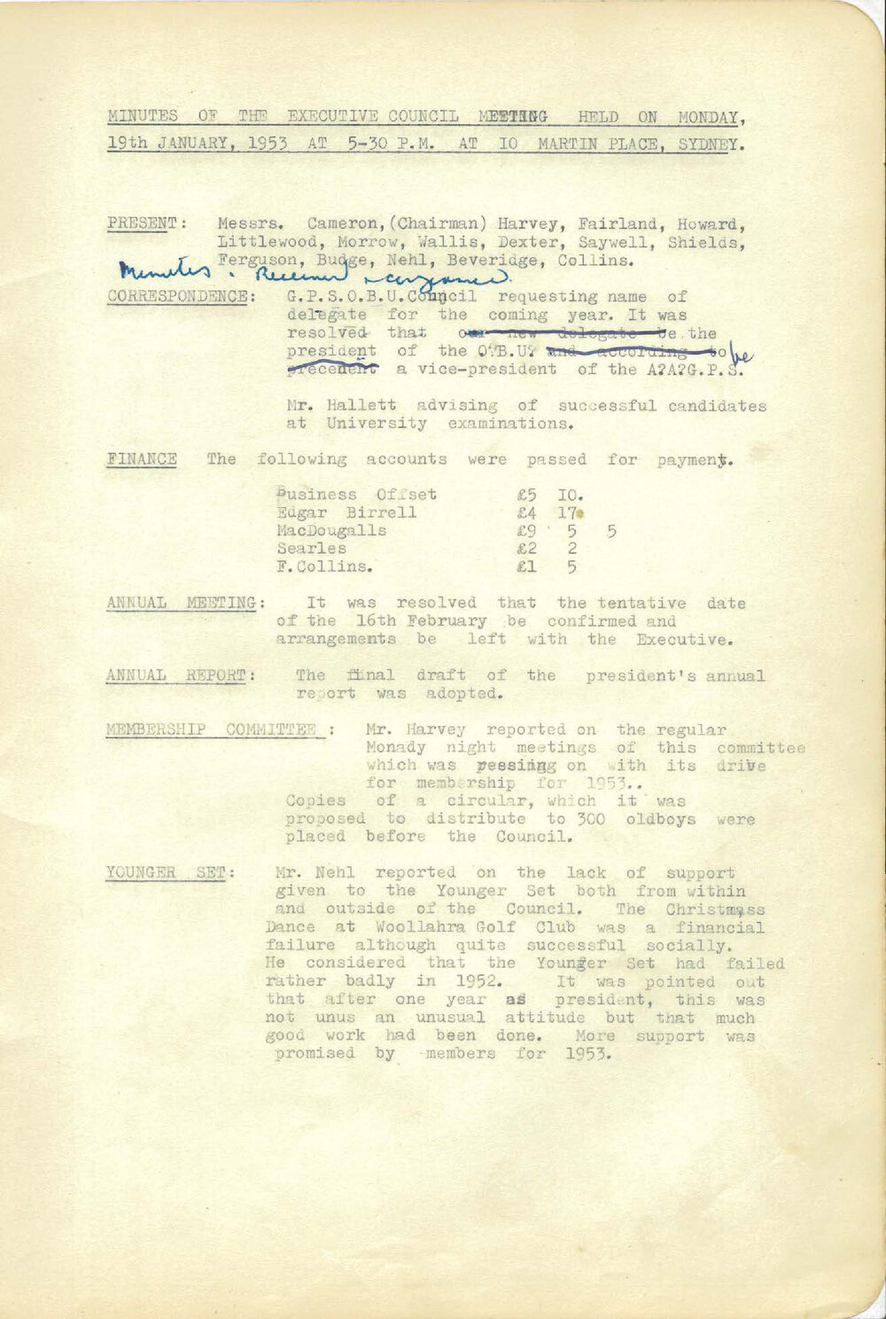 Sydney High School Old Boys Union Minutes 1953