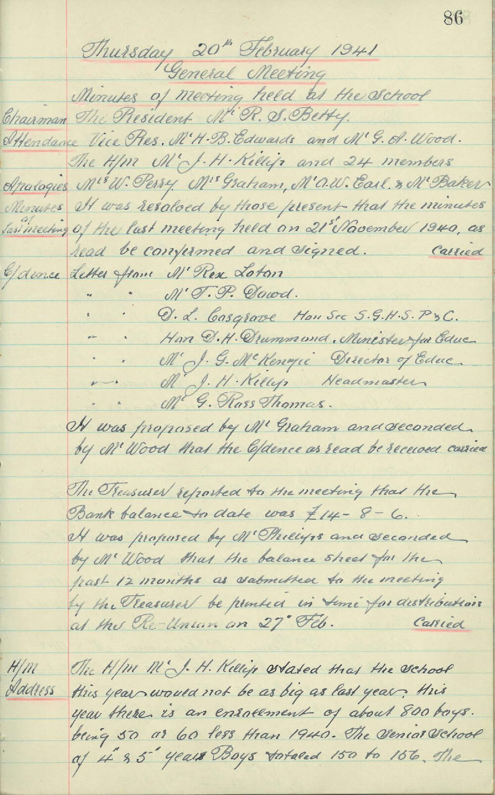 Parents and Citizens Association Minutes, 1941