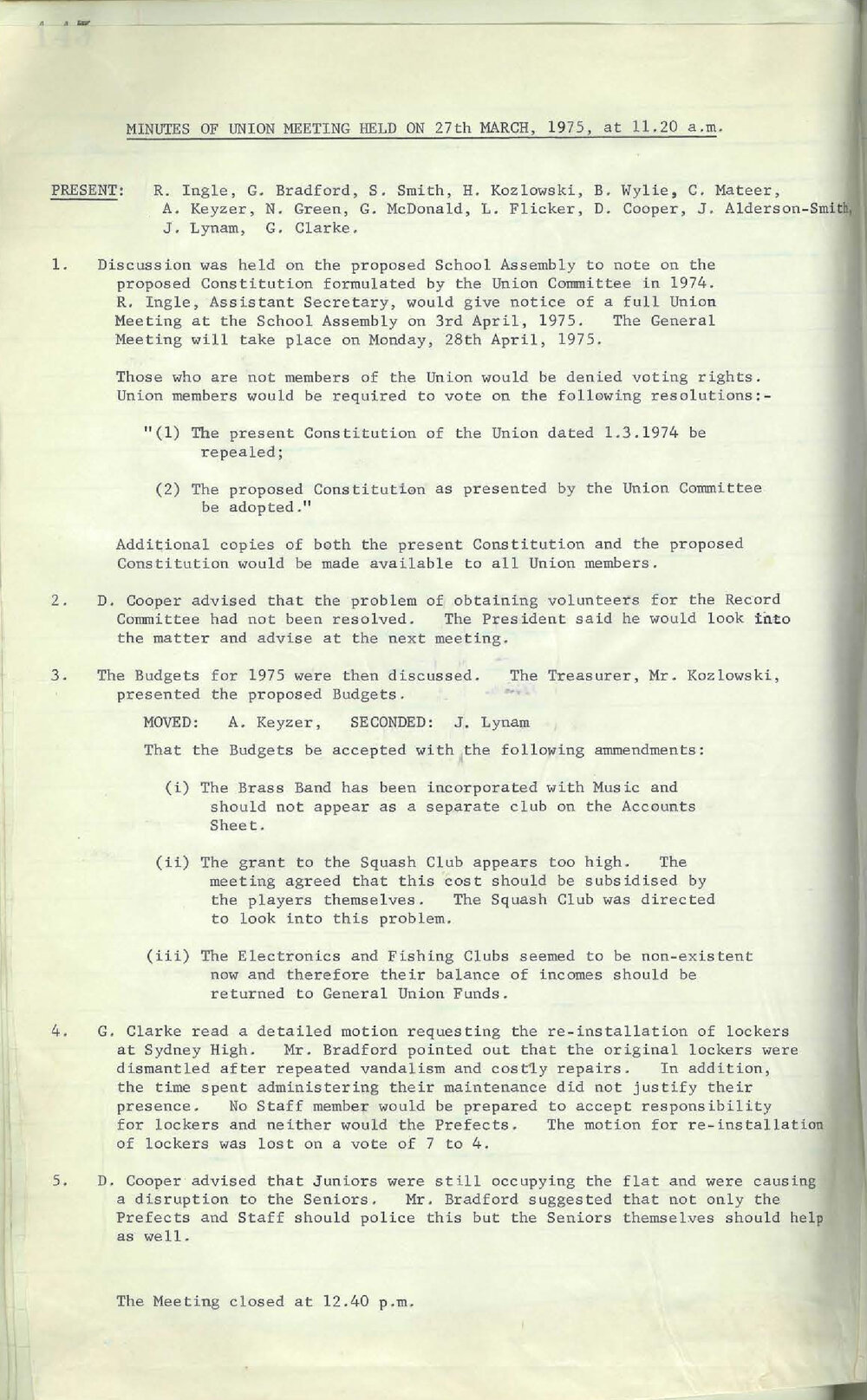 School Union Minutes, 1975