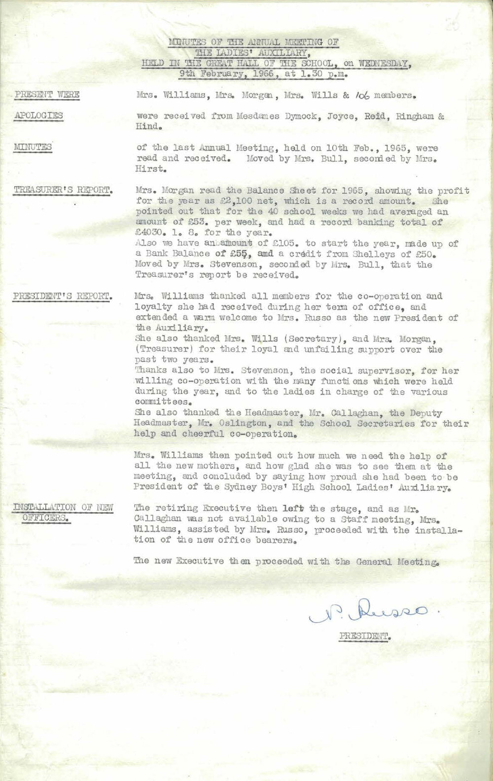 Parents and Citizens Association [Ladies] Auxiliary Minutes, 1966