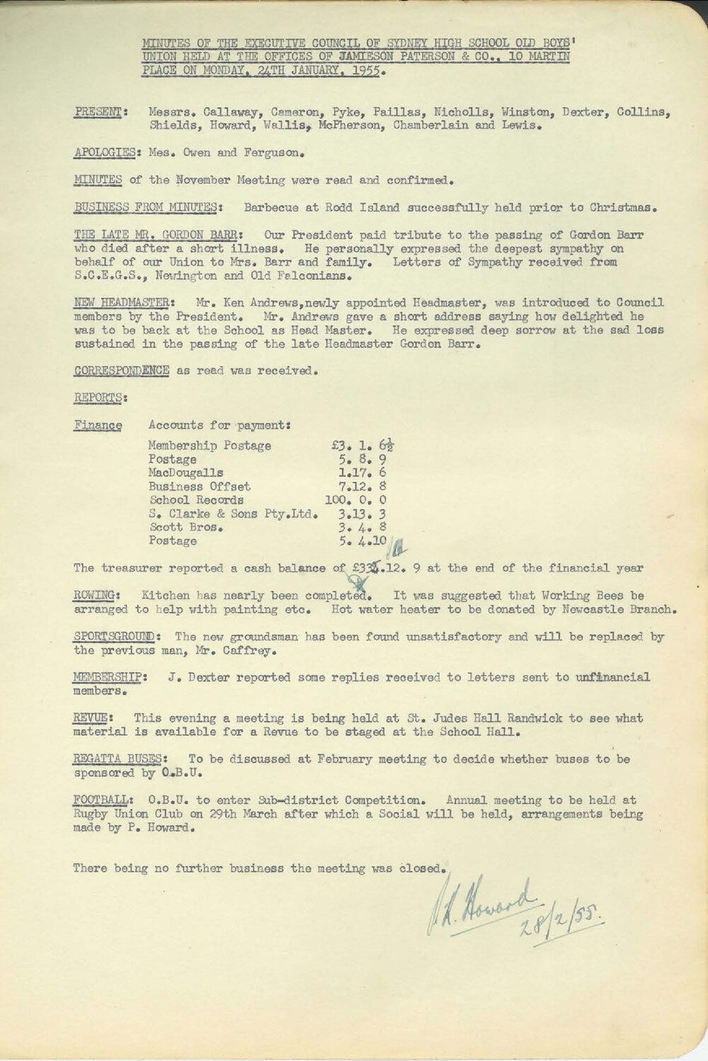 Sydney High School Old Boys Union, 1955