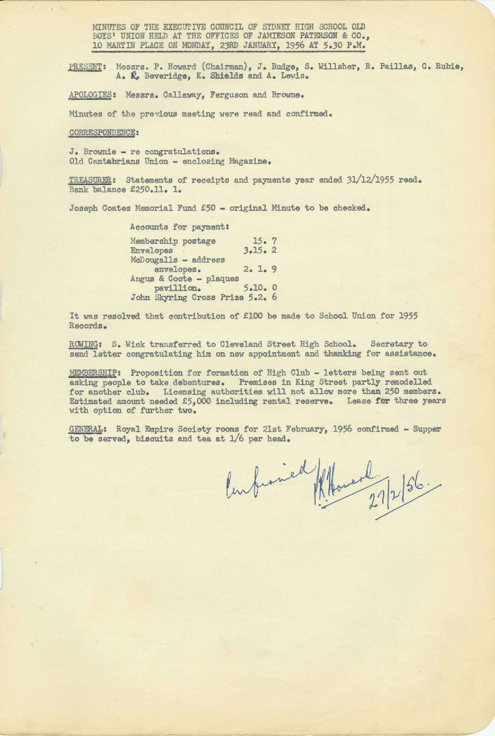 Sydney High School Old Boys Union, 1956