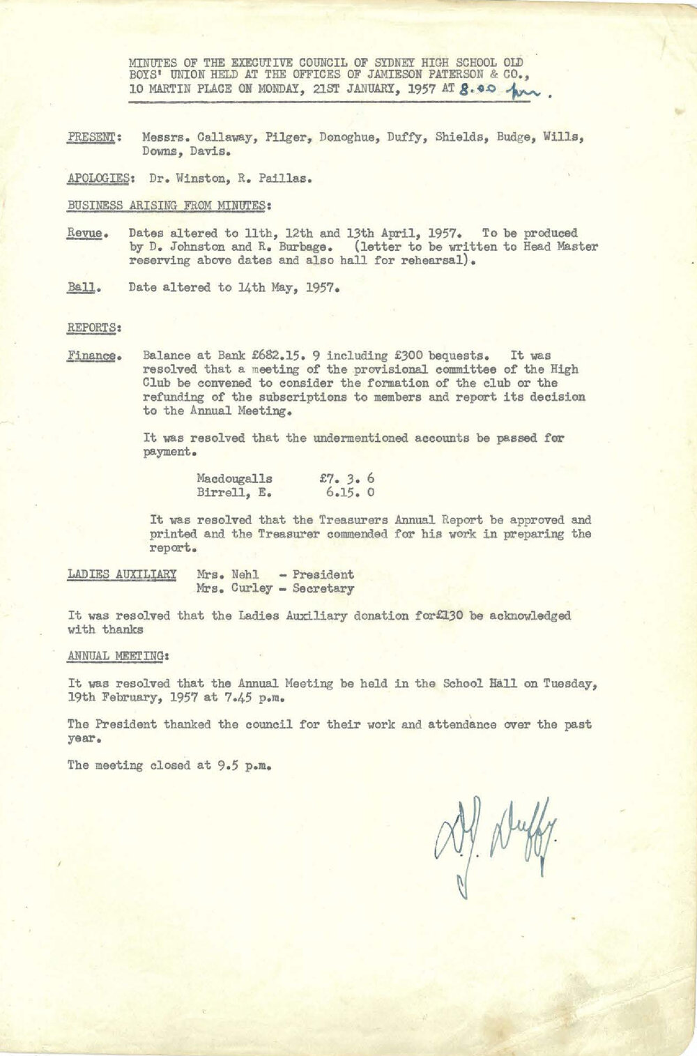 Sydney High School Old Boys Union, 1957
