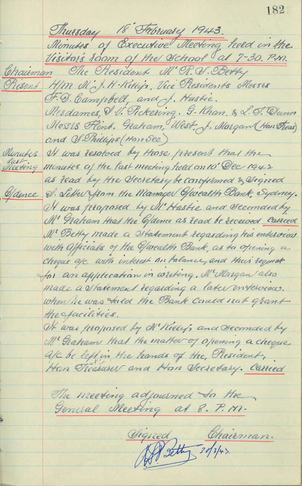Parents and Citizens Association Minutes, 1943