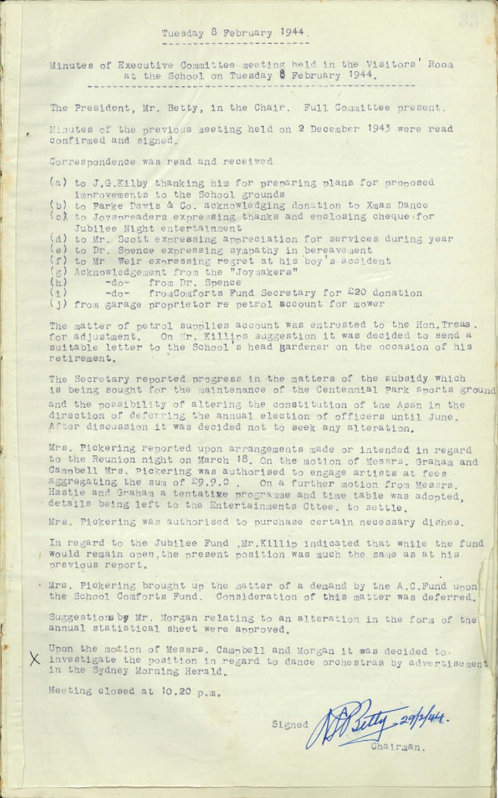 Parents and Citizens Association Minutes, 1944