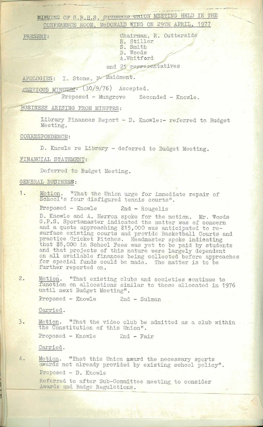 School Union Minutes, 1977