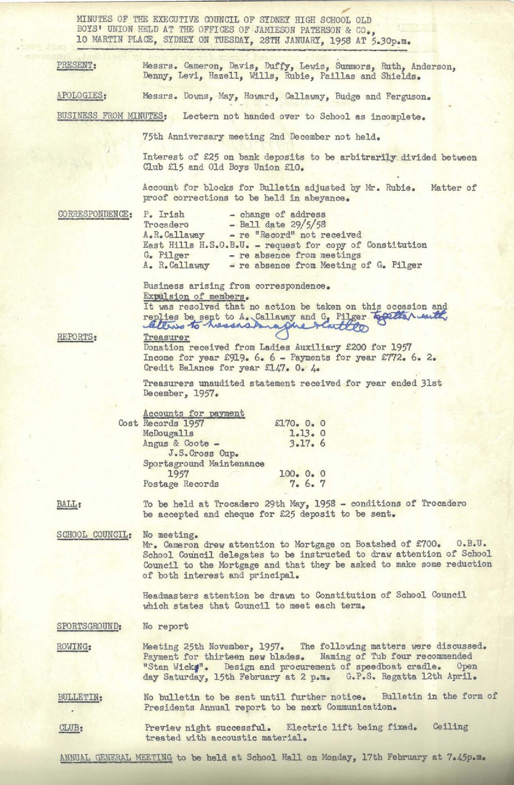 Sydney High School Old Boys Union Minutes, 1958