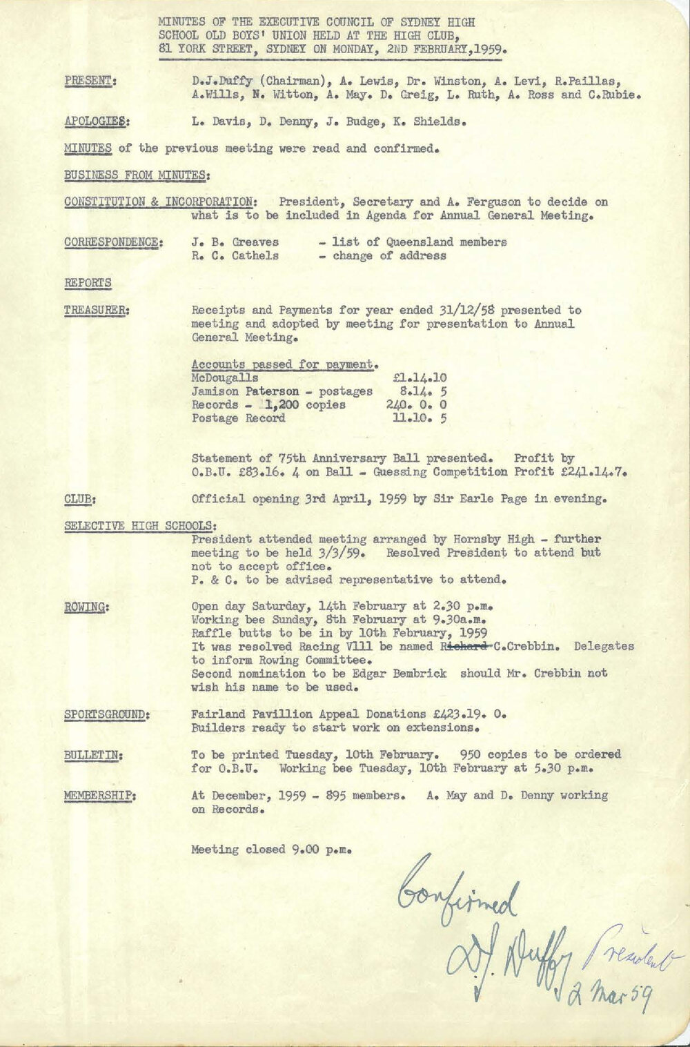Sydney High School Old Boys Union Minutes, 1959