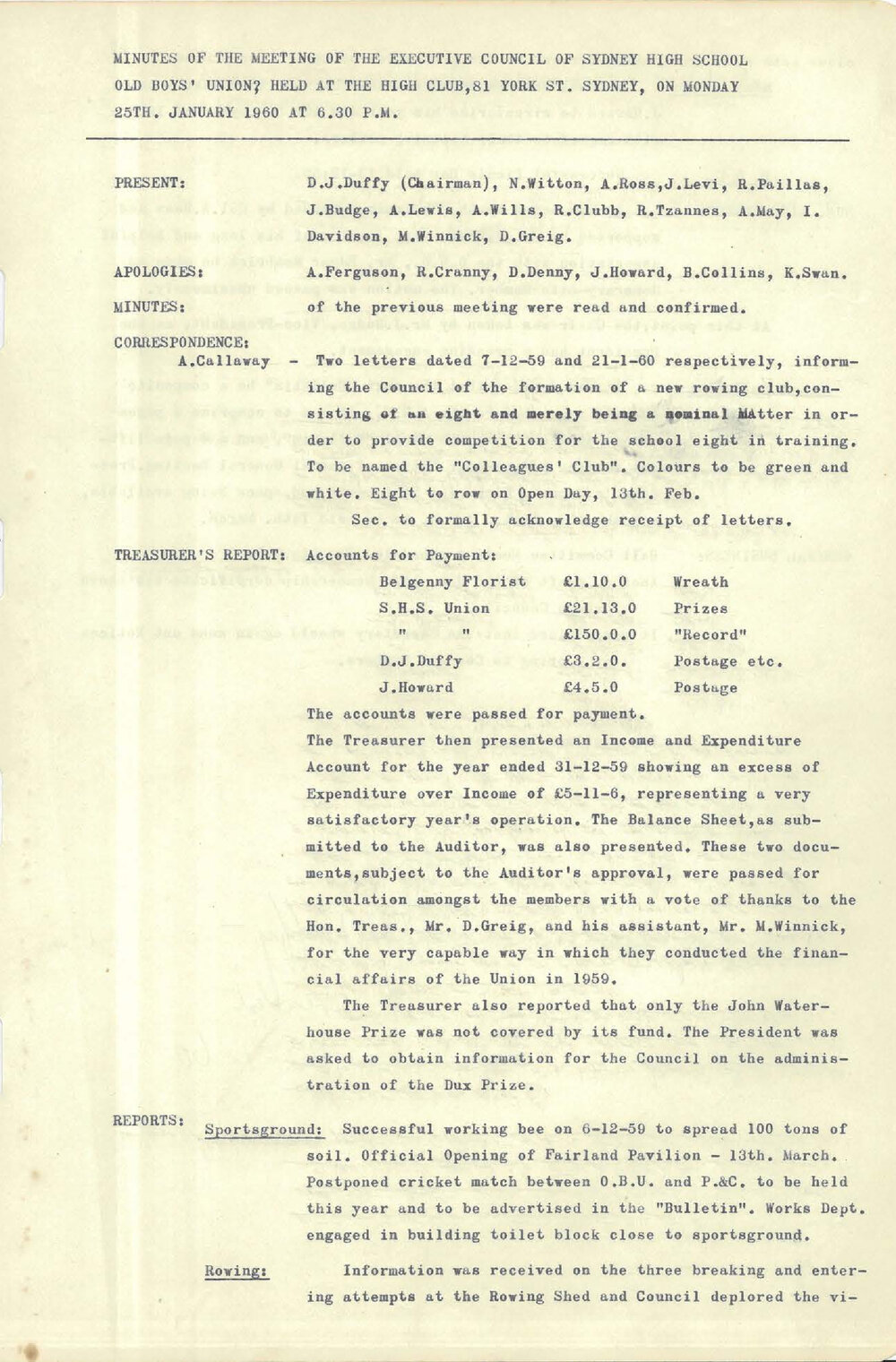 Sydney High School Old Boys Union Minutes, 1960