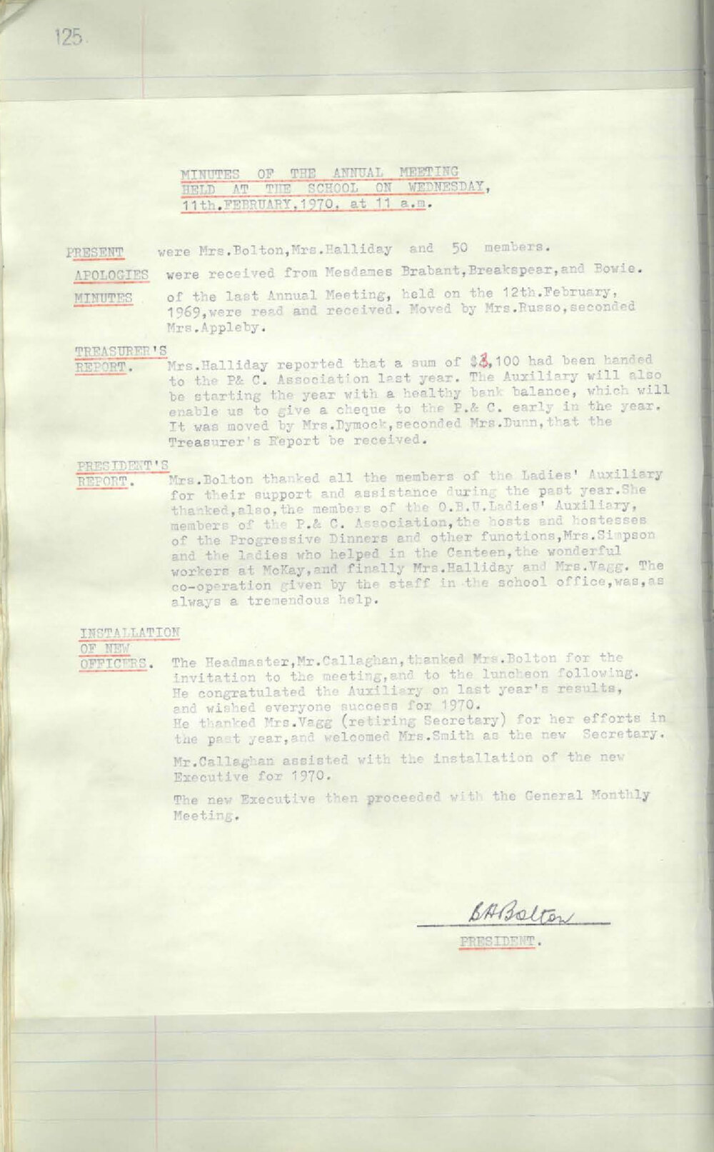 Parents and Citizens Association [Ladies] Auxiliary Minutes,&nbsp;1970