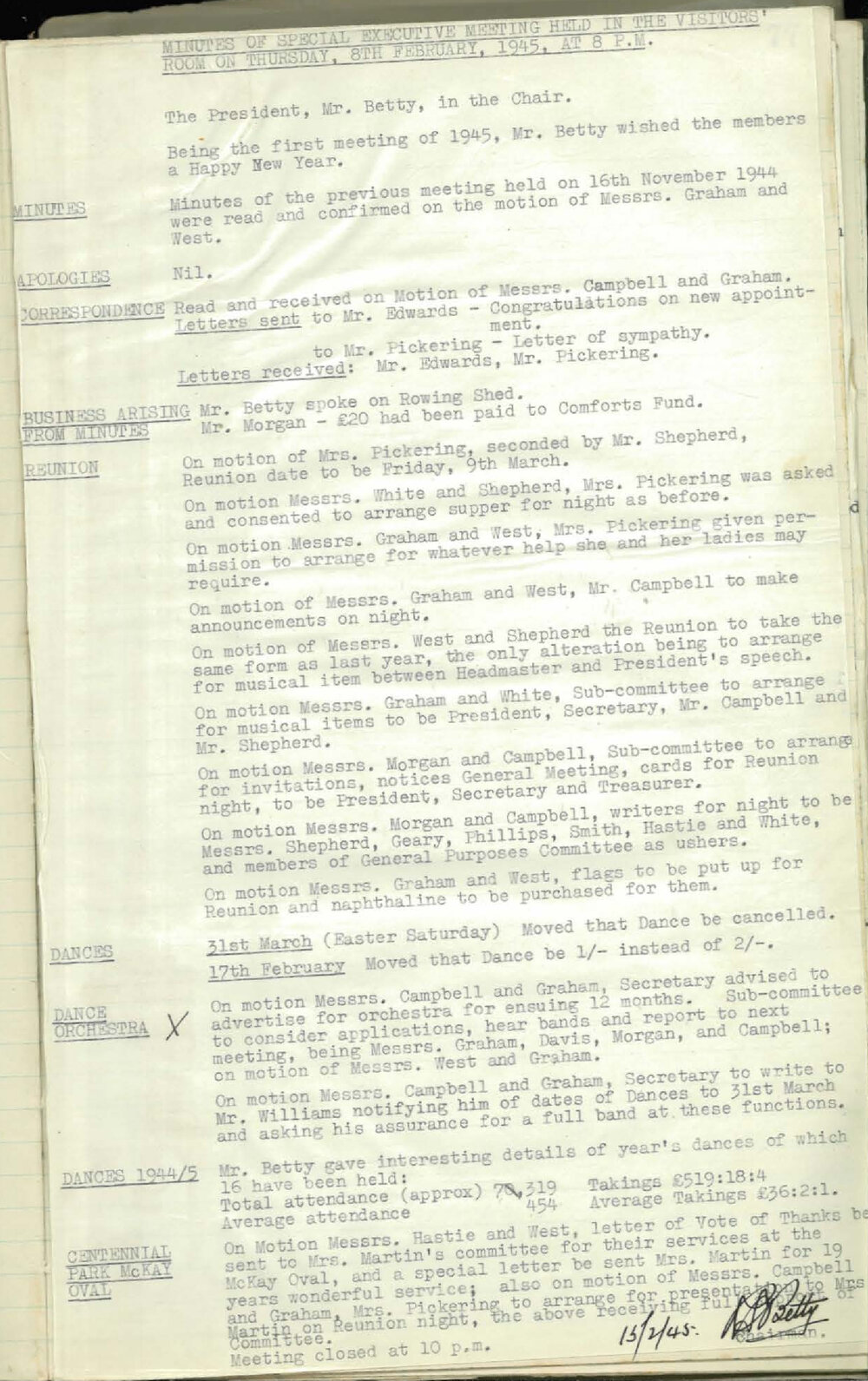 Parents and Citizens Association Minutes, 1945