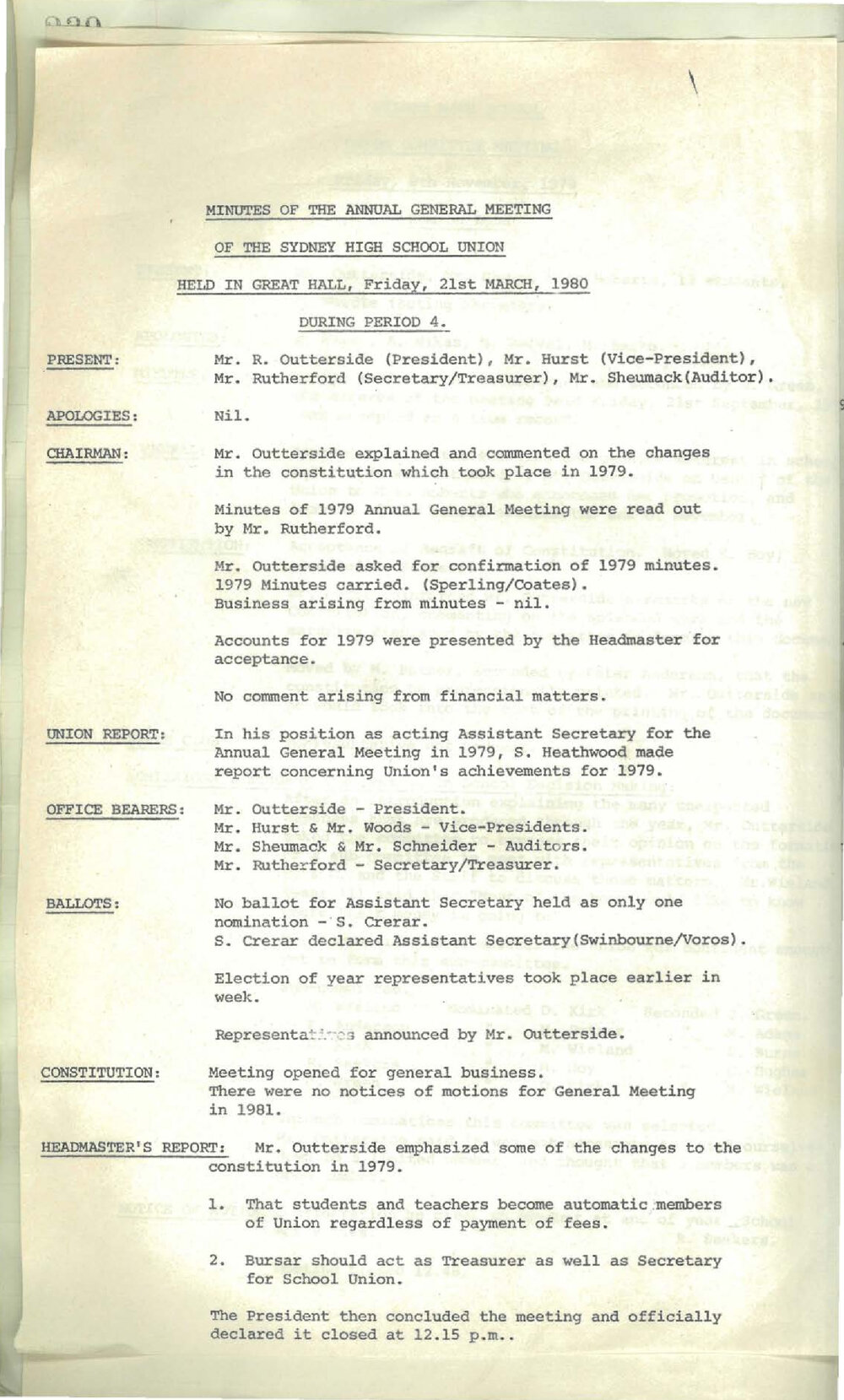 School Union Minutes, 1980