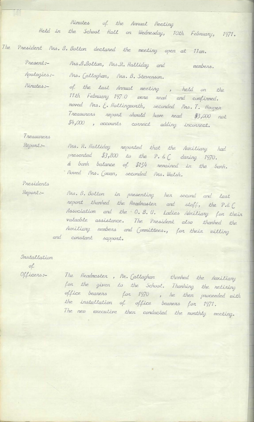 Parents and Citizens Association [Ladies] Auxiliary Minutes,&nbsp;1971