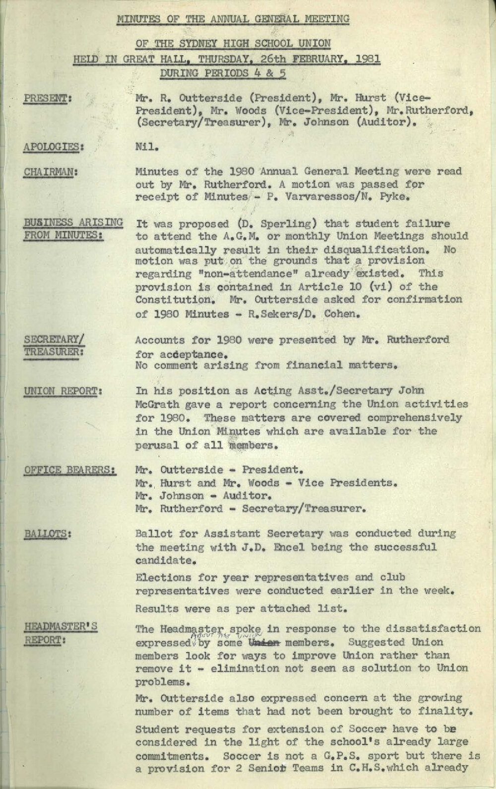 School Union Minutes, 1981