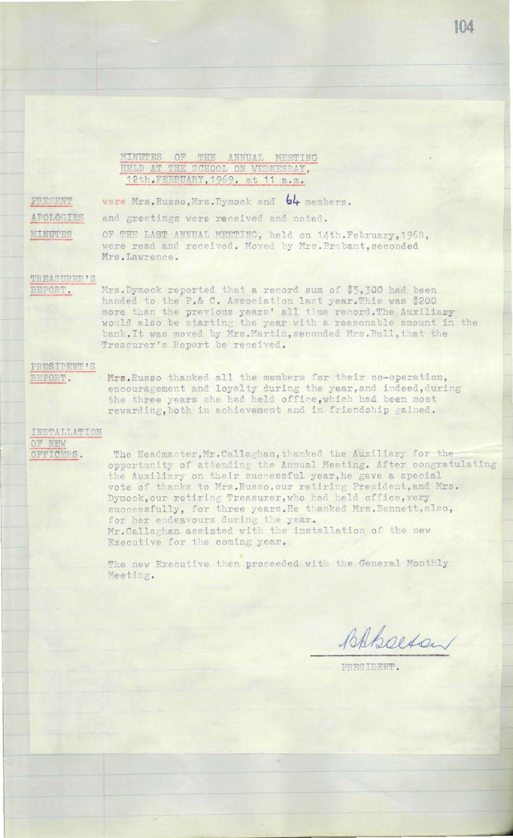 Parents and Citizens Association [Ladies] Auxiliary Minutes,&nbsp;1969