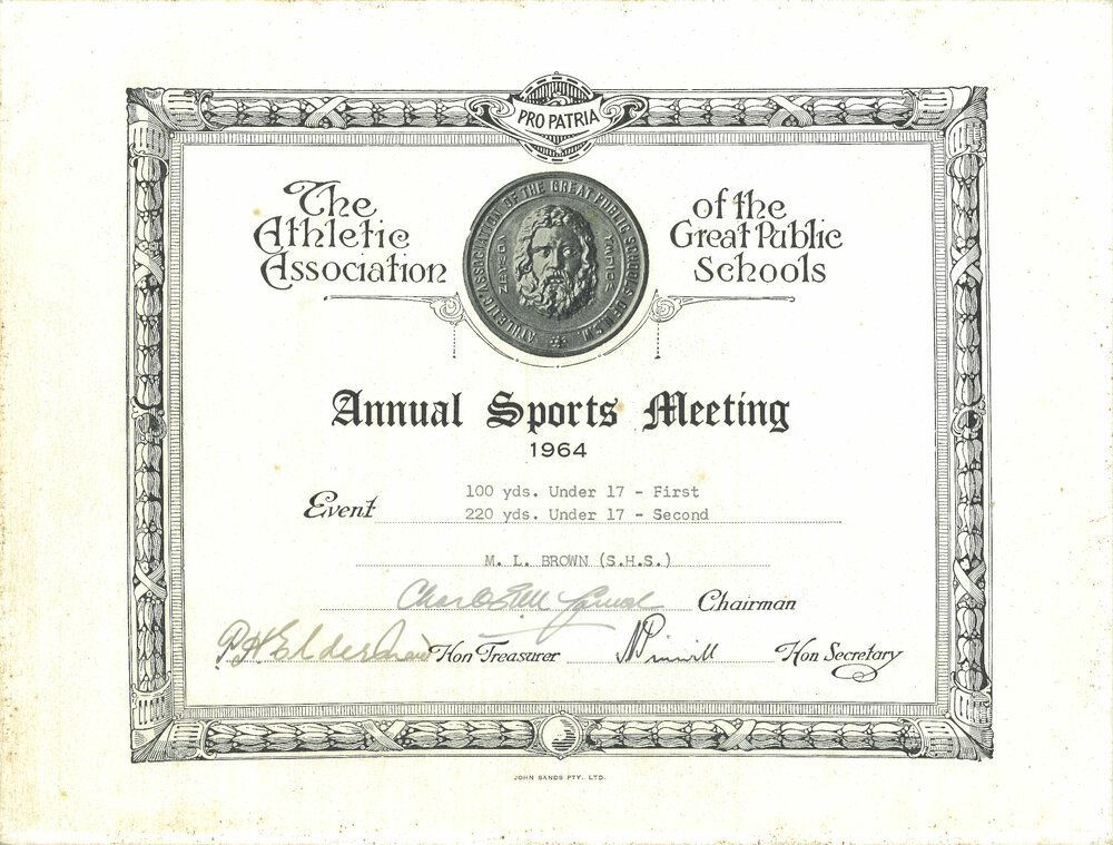 Certificate: GPS Annual Sports Meeting 1964