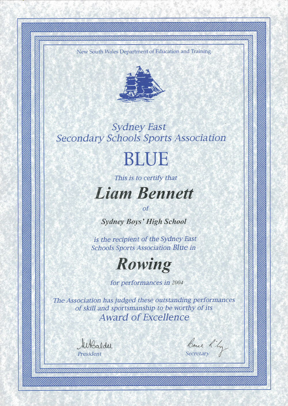 Certificate: Combined High Schools, Sydney East - Rowing Blue 2004