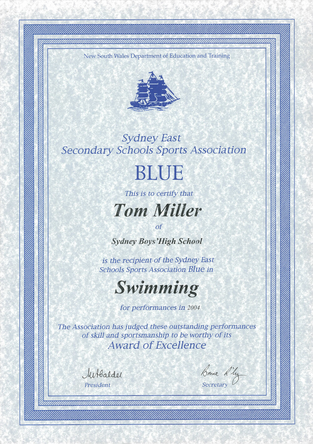 Certificate: Combined High Schools, Sydney East - Swimming Blue 2004