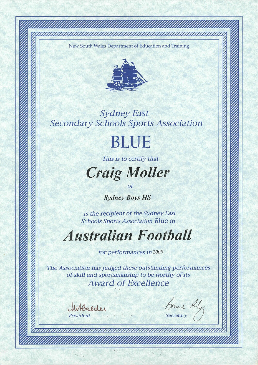 Certificate: Combined High Schools, Sydney East - Swimming Blue 2004