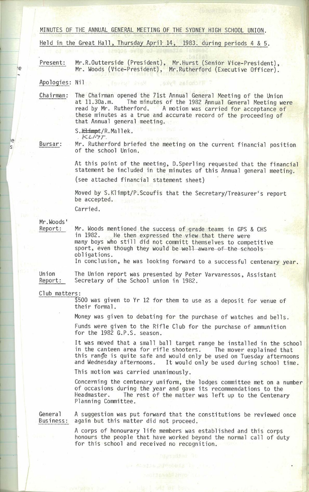 School Union Minutes, 1983