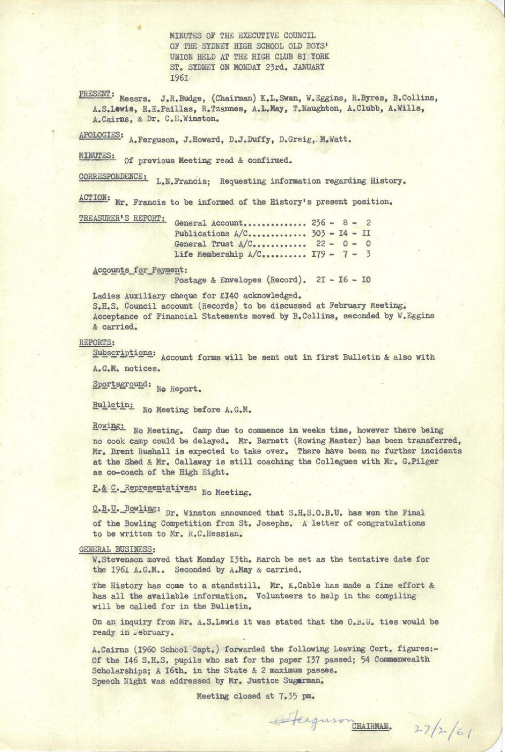 Sydney High School Old Boys Union Minutes, 1961